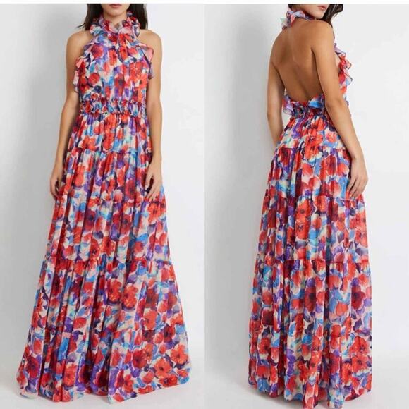 PATBO Violet Floral Flutter Halter Style Maxi Dress Size US 8 Cherry - Picture 2 of 15